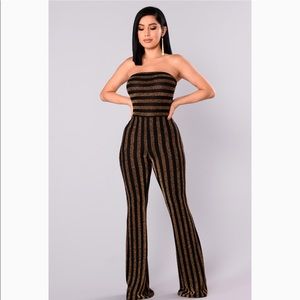 Gold and black strapless jumpsuit